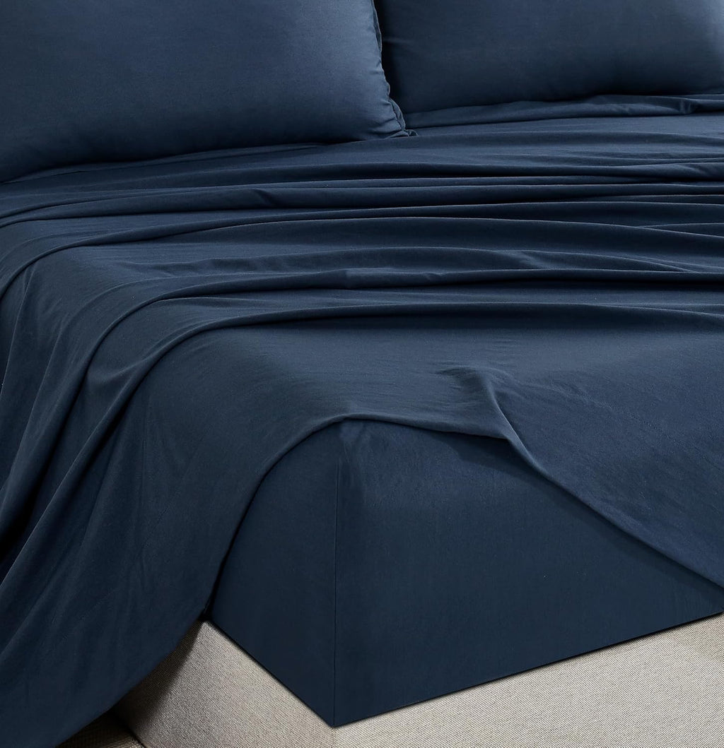 NNEDSZ Vintage Washed Microfibre Sheet Set with 1 Pillowcase - Navy - King Single