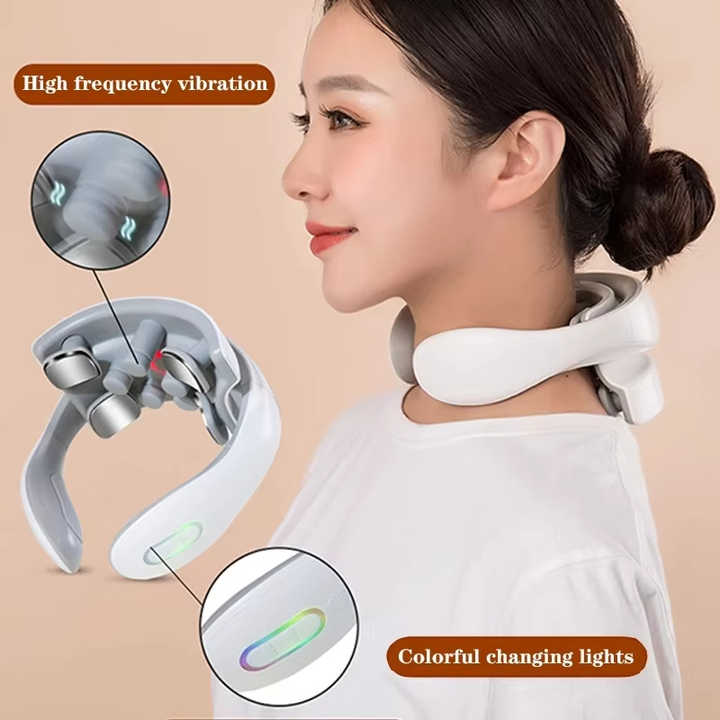 NNEDSZ White Portable Electric Neck Massager – Intelligent Pulse Therapy with Heat and 4 Massage Heads