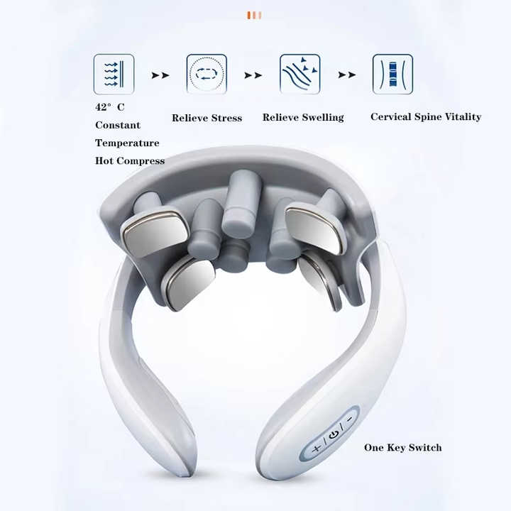 NNEDSZ White Portable Electric Neck Massager – Intelligent Pulse Therapy with Heat and 4 Massage Heads