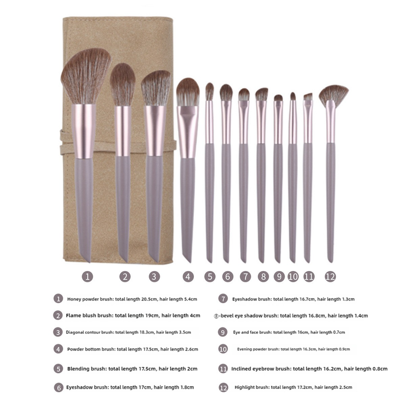 NNEDSZ Gray purple 12-Piece Professional Makeup Brush Set with Cosmetic Bag - Premium Synthetic Fiber, Wooden Handle, Aluminum Tube