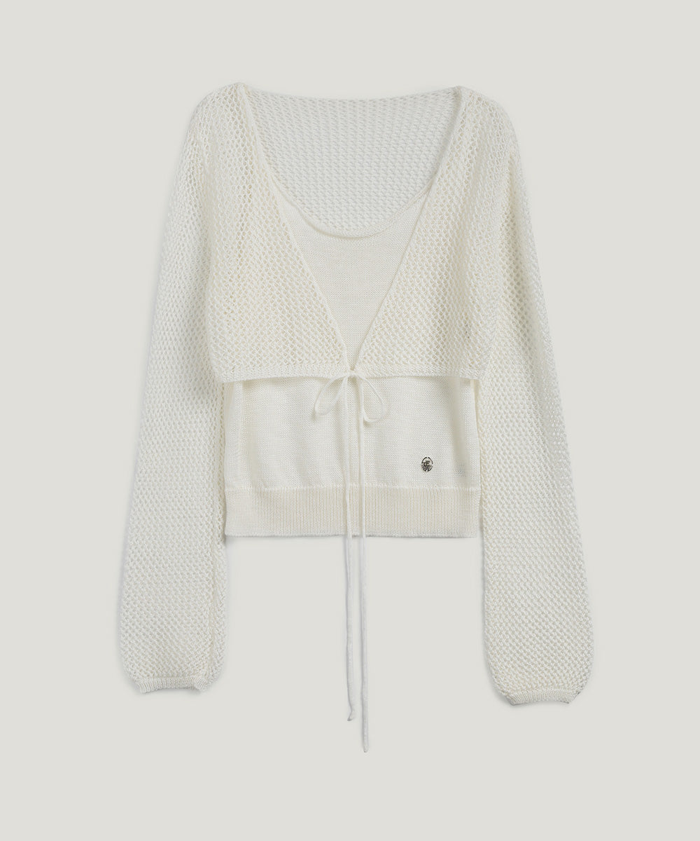 [TWEE] Louver Punching Knit Tank Cardigan Set